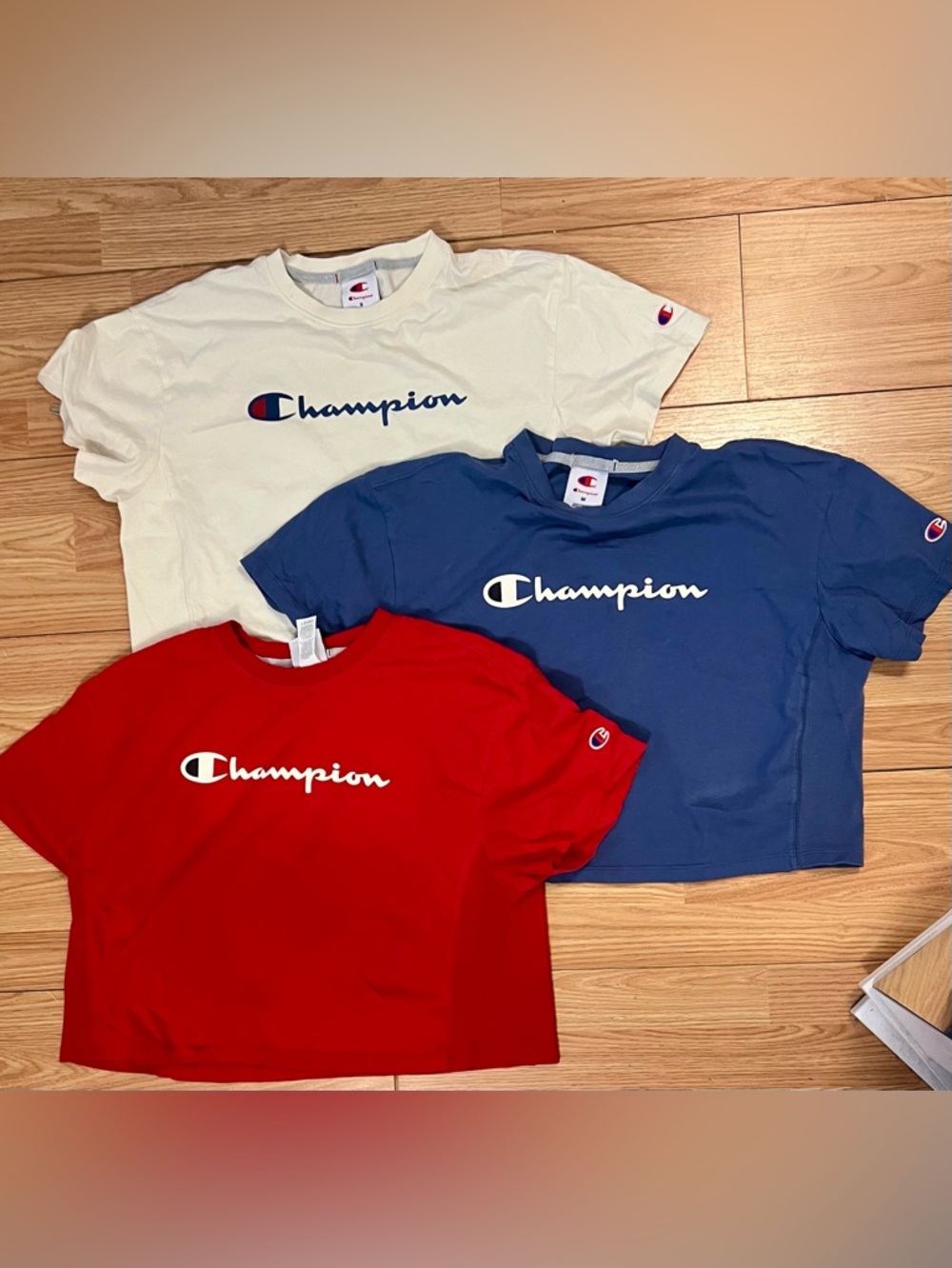 Champion Cropped Logo Tees in Red, Blue, Cream - Set of 3